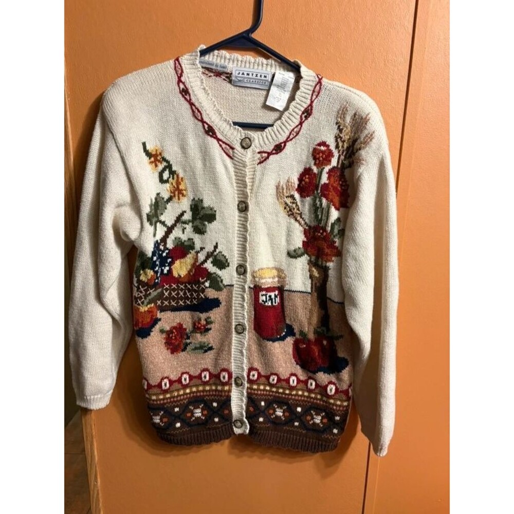 Jantzen women’s small hand knit embroidered sweater cardigan grandmacore jam